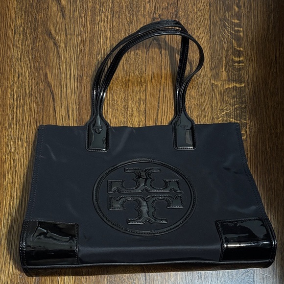 Tory Burch Handbags - Tory Burch Black Patent-Trim Logo Tote